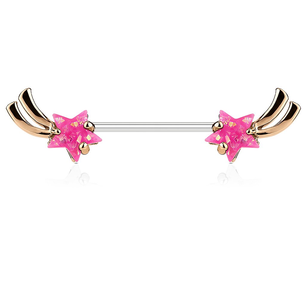 PiercedOff 316L Surgical Steel Externally Threaded Nipple Barbell with Pink Imitation Opal Glitter Shooting Star Ends - Thickness 14GA (1.6mm) Length 14mm / Star Size is 5mm