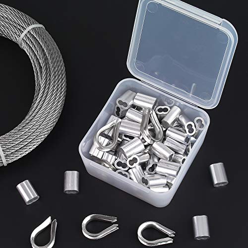 Favordrory Cable Railing Kits Includes 1/8 Inch x 33 Feet 304 Stainless Steel Wire Rope Cable, 50 Pieces Aluminum Crimping Sleeves and 12 Pieces Thimbles for Railing, Decking, Picture Hanging