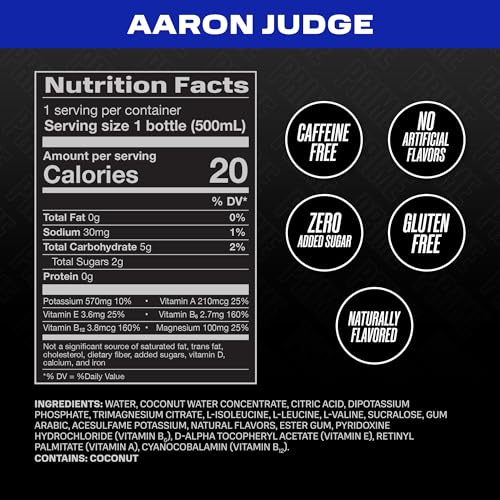 PRIME HYDRATION AARON JUDGE, SPORTS DRINKS, ELECTROLYTE ENHANCED FOR REPLENISHING FLUIDS, 250MG BCAAS, B VITAMINS, ANTIOXIDANTS, LOW SUGAR, 16.9 FL OZ, 12 PACK