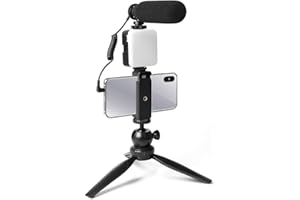 Smartphone Camera Video Microphone Kit, UHURU Super-Cardioid Shotgun Video Microphone with LED Light,Mini Tripod,Mini Ball He