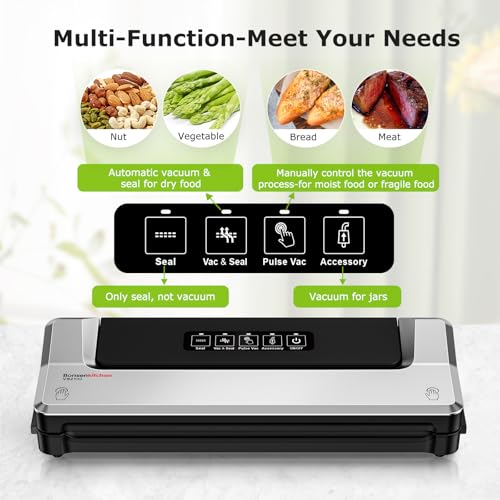 Bonsenkitchen Vacuum Sealer Machine | Compact Food Sealer for Kitchen Storage & Meal Prep | Multiple Modes​​ | External Vacuum System | 5 Bags, Silver​​
