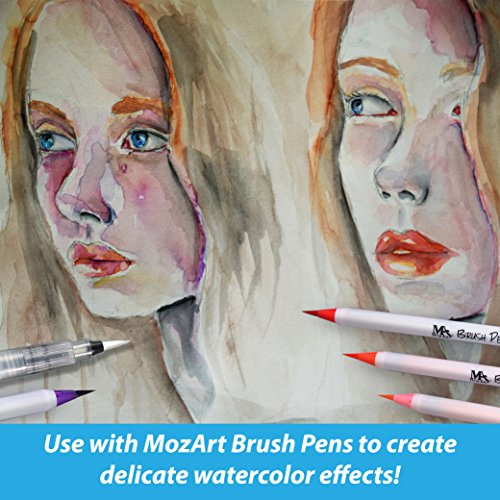 Water Brush Pens - Set of 6 brush tips - Perfect to use with watercolor paints, water soluble pencils, brush pens, markers - Blends with water - Convenient - Aqua Pen - MozArt Supplies