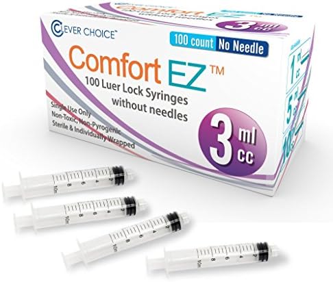 3ml Syringe Only with Luer Lock Tip - 100 Syringes by Comfort EZ (No Needle)