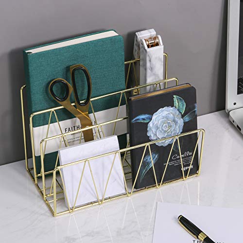 Simmer Stone Mail Sorter, 3 Slot Wire Letter Holder Rack, Decorative Desk File Organizer for Bill, Postcard, Brochure, Magazine and More, Gold - Thumbnail 3