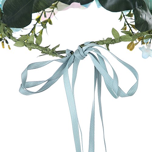 Felice Arts Handmade Boho Flower Headband Hair Wreath Halo Floral Garland Crown Headpiece with Adjustable Ribbon Festival Wedding Party, Blue
