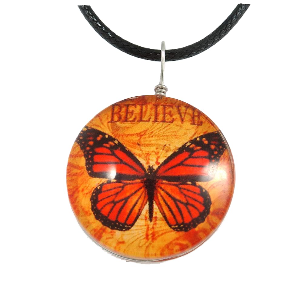 Avalaya Delicate Round Glass Butterfly (Two-sided) Pendant with Black Cord (Orange/Black) - 42cm L/ 5cm Ext