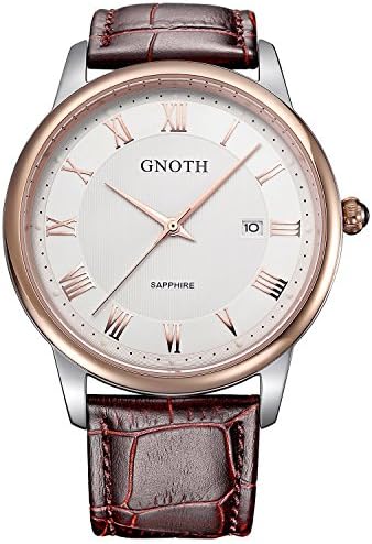 GNOTH Men's Rose Gold Bezel Date Display Luminous Watch with Brown Calfskin Leather Strap