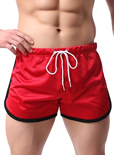 Ouber Men's Lace-Up Workout Mesh Shorts (A-Red,XL)