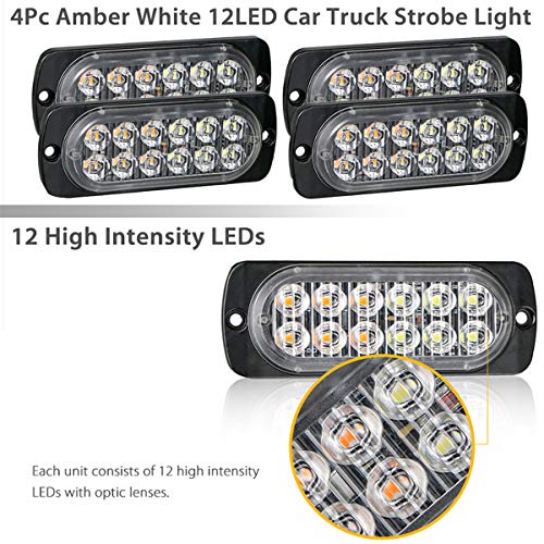 Amber 12-Led Flashing Caution Strobe Lights for Truck Car Vehicle, Warning Emergency light,Surface Mount Beacon Plow Safety Strobe Light Bar for Trailer Van Motorcycle(4 PACK)