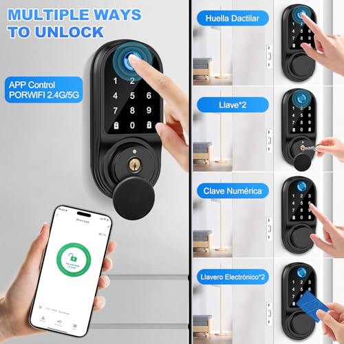 Cerradura Inteligente, Cerradura Chapa Inteligente Exterior, 5 Métodos de Desbloqueo, Cerraduras de Seguridad con Huella APP Contraseña Tarjeta IC Llave, 0.3s Desbloquear, Para Hogar y Apartamento