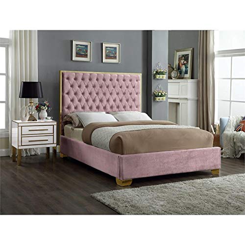 Meridian Furniture Lana Solid Wood and Velvet Queen Bed in Pink
