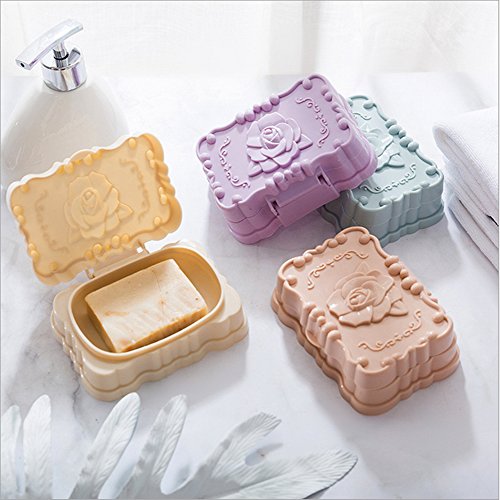 Youzpin Rose Printing Double-Deck Draining Board with Lid Plastic Soap Box,Bathroom Keep Soap Dry Waterproof Soap Dish,Travel Protection Soap Holder~(2 Pack Soap Dish)