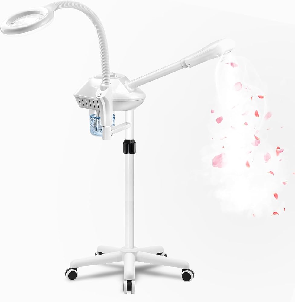 Salon Señor Professional Facial Steamer with 5X Magnifying Lamp,White | Ozone face steamer on wheels,deep cleansing and hydra