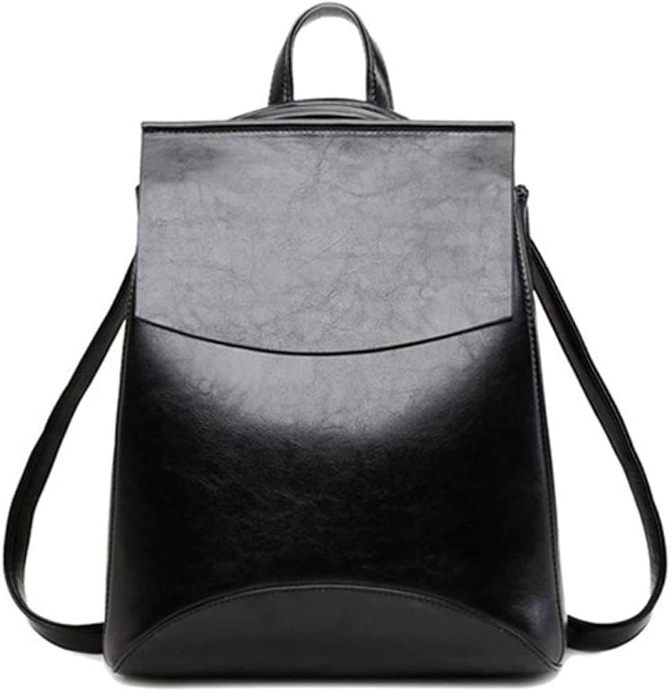 Card Boy Vintage Soft Leather Backpack Shoulder Bag Campus BookBag for Women Black School Bag- Black