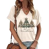 V Neck Merry Christmas Shirts for Women Bright Snowman Tree Graphic Blouse Winter Indoor Casual Tops Festival Tee