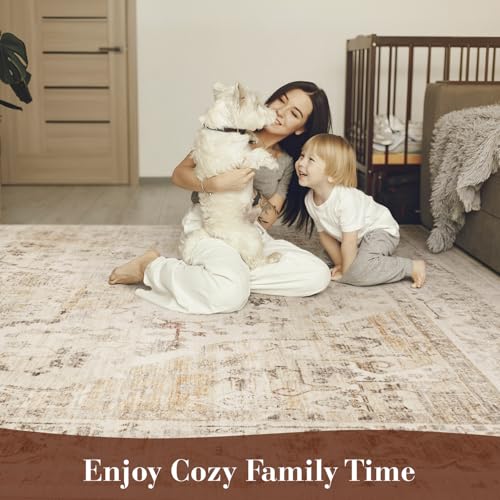 MontVoo-Area Rug 8X10 Rugs for Living Room-Beige Machine Washable Rug-Soft Living Room Rug-Vintage Non Slip Carpet-Rugs for Bedrooms Dining Room Living Room Office