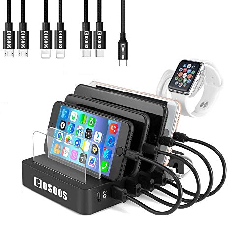 105W Charging Station for iPad Pro,USB-C Laptop,MacBook, iPhone, Kindle, Samsung,Multiple Devices, COSOOS 6-Port USB Charger Station with Power Delivery PD & QC 3.0, 7 USB Cable(4 Type),iWatch Stand