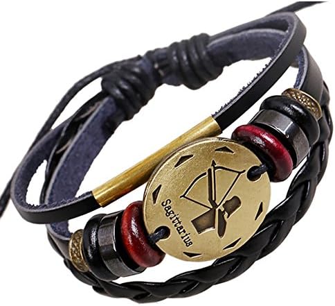 SumBonum Jewelry Mens Womens Leather Braided Bracelet, Adjustable Vintage Beads Sagittarius Zodiac Sign Charm Bracelet, Fits 7-12 Inch, Black Red Golden