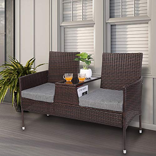 VINGLI Wicker Outdoor Loveseat, Outdoor Bench with Cushion and Table