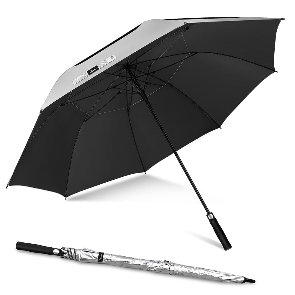 NINEMAX UV Golf Umbrella for Sun Protection 68inch, Large Sun Umbrella Windproof and Rainproof Strong UPF 50+, Reflective Golfing Brolly Double Canopy Heavy Duty for Men Women (Silver/Black)