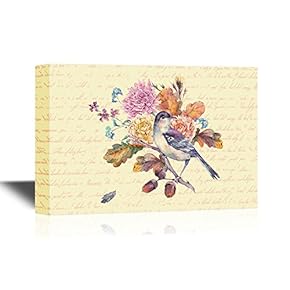 Canvas Wall Art - Bird with Autumn Bouquet of Twigs, Cotton Flower, Yellow Oak Leaves, Chrysanthemum and Acorns - Gallery Wrap Modern Home Art | Ready to Hang - 12x18 inches