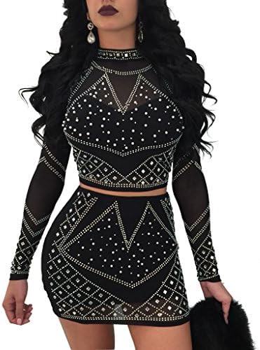 Kafiloe Women 2 Piece Skirt Set Outfits Mesh See Through Rhinestone Crop top with Bodycon Mini Dress Clubwear