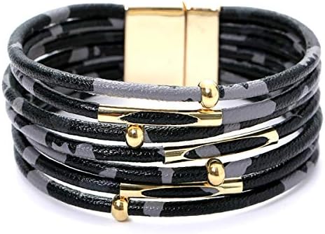 ILJILU Leopard Bracelets for Women Metal Pipe Charm Multilayer Wide Leather Wrap Bracelet