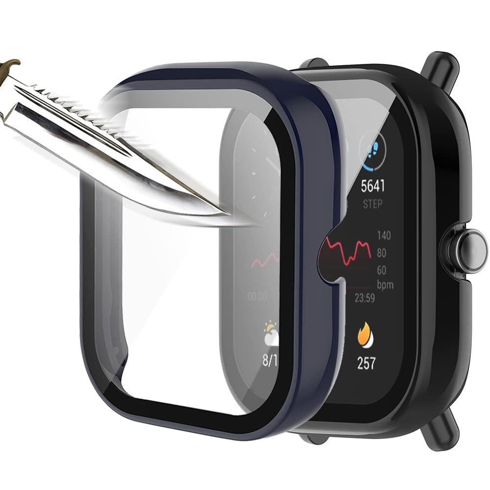 Msiall Tempered Glass Screen Protector Protective Case Compatible with Amazfit Bip U/Bip U Pro, Hard PC All-Round Screen Protector, Ultra Thin Bubble-Free Against Scratches, Black Blue [Pack of 2]