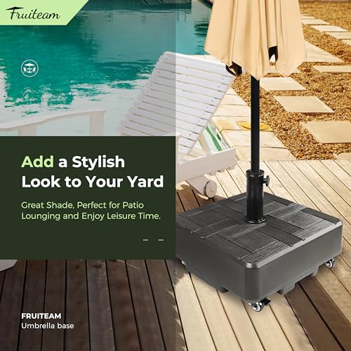 FRUITEAM Umbrella Base with Wheels, 100 LBS Heavy Duty Patio Umbrella Stand, Fillable Weighted Umbrella Base Holder for Patio, Deck, Poolside, Rust-Resistant and Windproof Design - Black