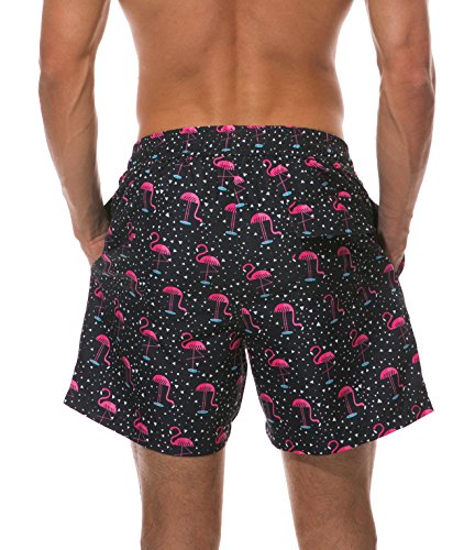 WUAMBO Men's Lightweight Quick Dry Shorts Slim Fit Swim Trunks with Mesh Lining, Flamingo/Black, X-Large (Waist:32"-35")