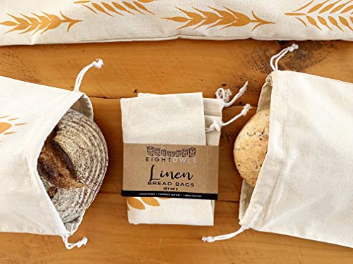 Linen Bread Bags for Artisan Homemade Bread - Reusable Food Storage - Baguette, Sandwich, and Boule Loaf Size Drawstring Bread Bag - Set of 3