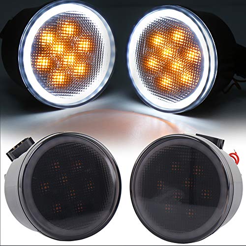 JK Turn Signal Lights White DRL Amber LED Front Grill Signal Parking Lights Smoke Lens Replace 2007-2017 Jeep Wrangler JK JKU