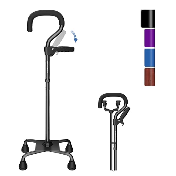 KINGPAVONINI CANES FOR WOMEN/MEN WITH SECOND HANDLE, FOLDABLE & ADJUSTABLE WALKING CANE WITH 4-PRONGED BASE, QUAD CANE FOR STABILITY, STANDING, BALANCE, LEG SURGERY RECOVERY