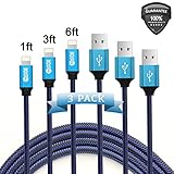Iophi 3 PACK 1FT 3FT 6FT Nylon Braided Lightning to USB Cable 2.4A High Speed Heavy Duty Aluminum Connector Charge Sync Cable for iPhone 7 / 7 Plus / 6 / 6s / 5 / 5s / 5c / SE / iPad / iPod - BLUE