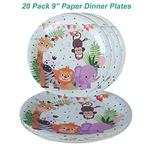Jungle Safari Animals Themed Birthday Party Tableware Serves 20 Guests - Dinner Dessert Plates Napkins Cups Table Covers - Jungle Safari Party Supplies - Forest Zoo Animal Party Dinnerware Set
