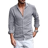 Runcati Mens Button Down Shirt Linen Cotton Shirts Casual Long Sleeve Spread Collar Beach Plain Tops