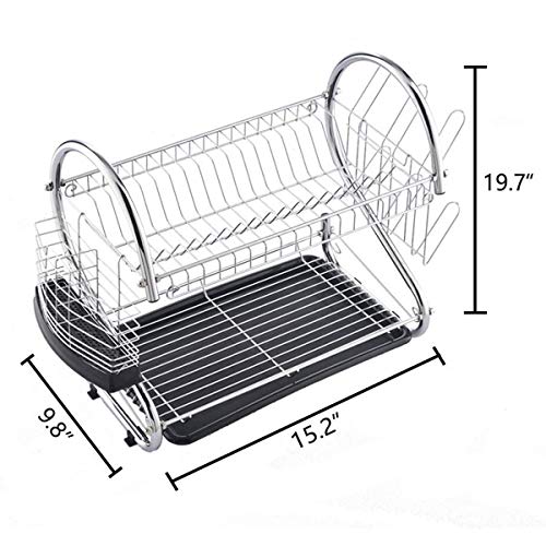 ENGELCH Rust-Proof Chrome Finished 2-Tier Kitchen Dish Drying Rack, Dish Rack With Black Drain Board, 1 Wide Tableware Rack and Knife Holder Accessory, 6 Independent Cup Holder Accessories