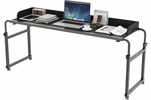 OCKYOOZ Overbed Table with Fence Design, Hospital Bed Table w/Wheels, Adjustable Width&Height Rolling Over Bed Table, Queen S