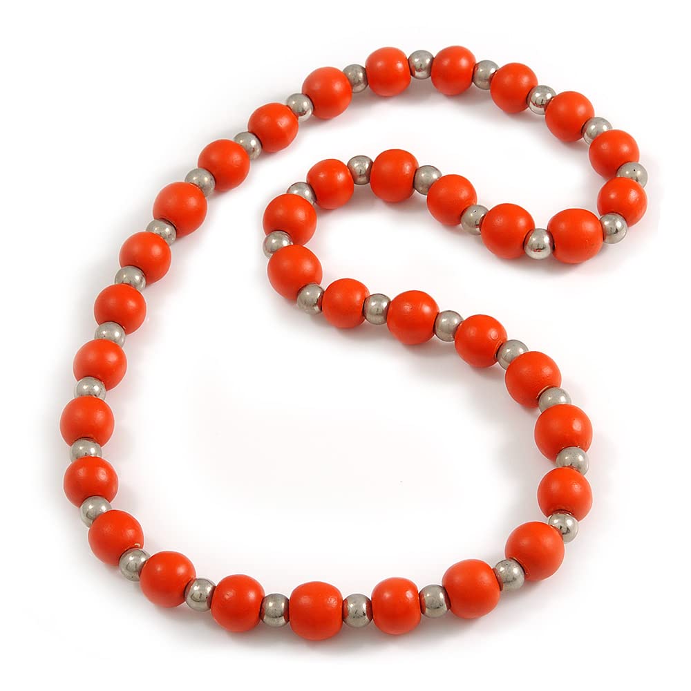 Avalaya Orange Painted Wood and Silver Tone Acrylic Bead Long Necklace - 70cm L