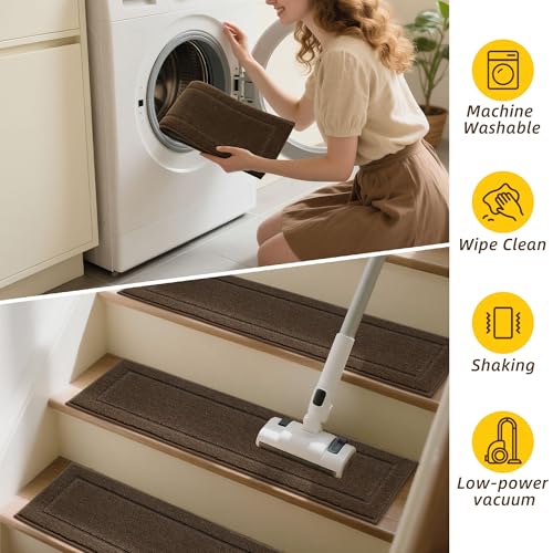 Non-Slip Stair Treads for Wooden Steps Indoor, 15 Pack 8" X 30" Edging Stair Rugs with TPE Backing,0.45" Thick Carpet Stair Treads for Kids Elders & Pets, 100% Polyester Soft Stair Runners, Brown