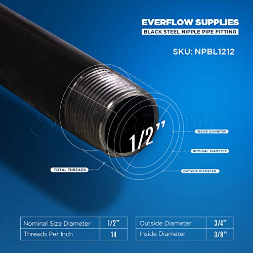 Everflow Supplies NPBL1212-2 Steel Nipple Pipe, 1/2" x 12", Black