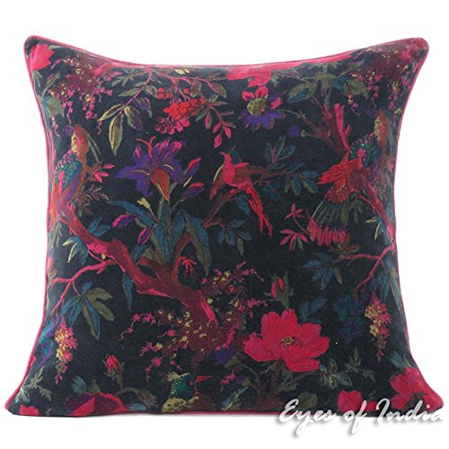 Eyes of IndiaBoho Velvet Bird Print Throw Pillow Cover, Colorful Decorative Floral Accent Bohemian Cushion Case for Sofa Couch Bedroom Living Room, 20x20 inch (50x50 cm), Black
