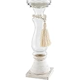 Mud Pie Glass Wood Bead Candlestick, Small, 12" x 3.5"