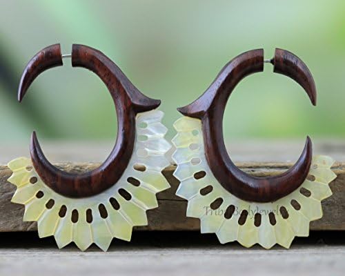 Fake Gauge Earrings Hand Carved Organic Mother of Pearl and Sono Wood Faux Gauge Earrings
