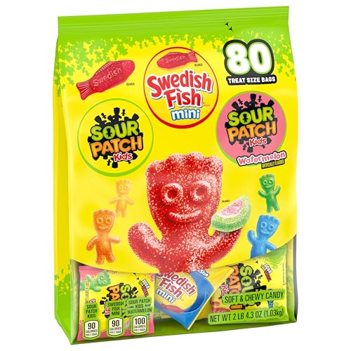 SOUR PATCH KIDS AND SWEDISH FISH MINI SOFT & CHEWY CANDY VARIETY PACK, BULK CANDY, 80 TREAT-SIZE SNACK PACKS