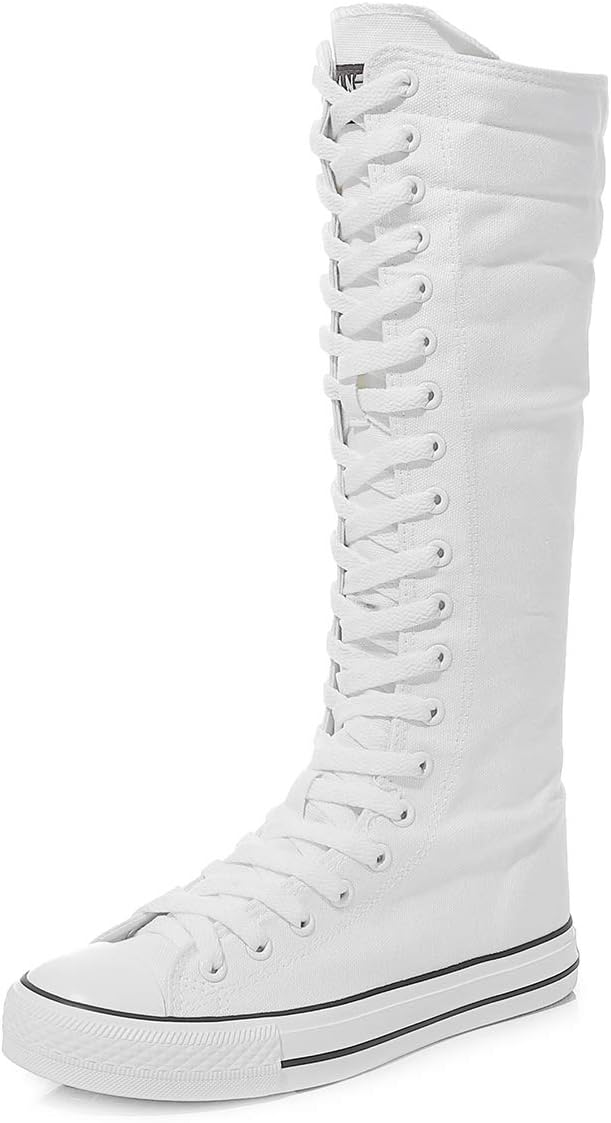 sekesin Women's Punk Knee High Lace-up Flat High Top Sneakers Canvas Boots