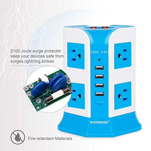 USB Power Strip Surge Protector Multi Electrical Outlet 8 Outlet 4 USB Port with 6.5 Feet Long Cord 2100 Joules Surge Suppressor Protection Vertical Socket for Home and Office-Safemore(White + Blue) - Thumbnail 4