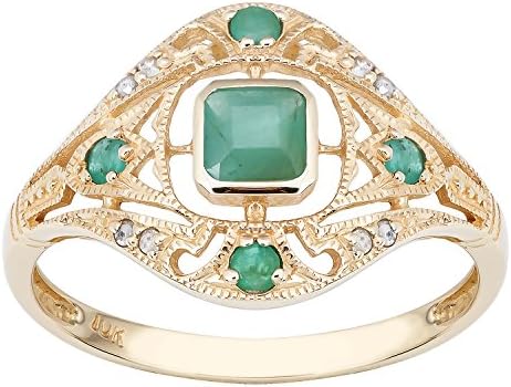 10k Yellow Gold Vintage Style Genuine Emerald and Diamond Ring