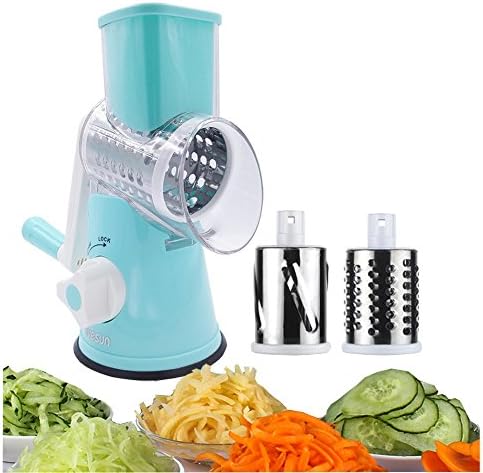 EVESUN Multi-functional Mandoline Slicer Manual Hand Speedy Rotary Drum Grater Vegetables Fruit Cutter with 3 Round Stainless Steel Blades
