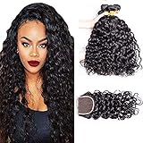 ALIMICE HAIR Water Wave 3 bundles with closure Brazilian 100% Human hair Weave bundles with 4x4 Closure Remy Hair extensions Can be dyed (10 10 10+10)